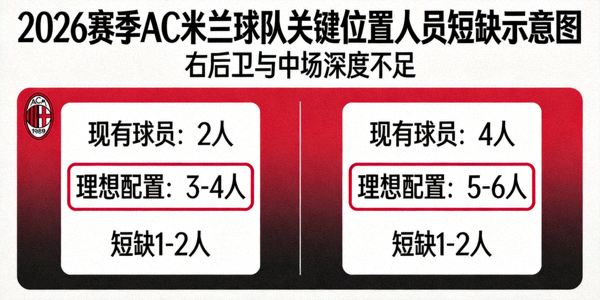 2026赛季AC米兰球队关键位置人员短缺示意图 - 右后卫与中场深度不足